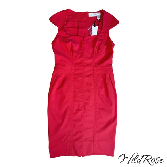 Byron Lars Bright Red Fitted Darted Button Up Back Sheath Pencil Dress SZ 8 - Picture 4 of 14